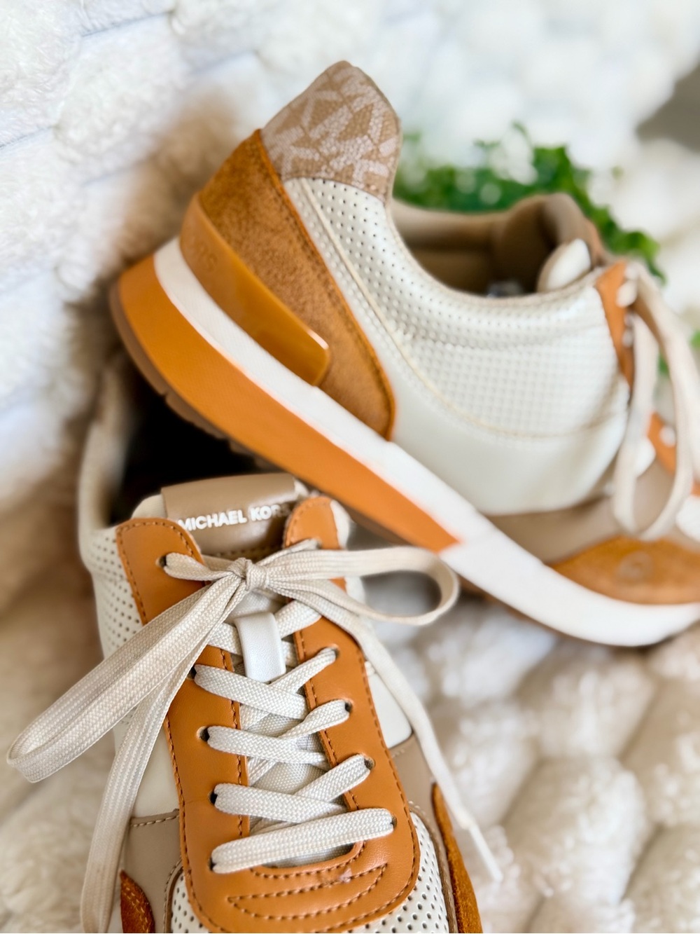 Michael Kors Women's Cream and Tan Leather Perforated Lace-Up Sneakers - Picture 2 of 7